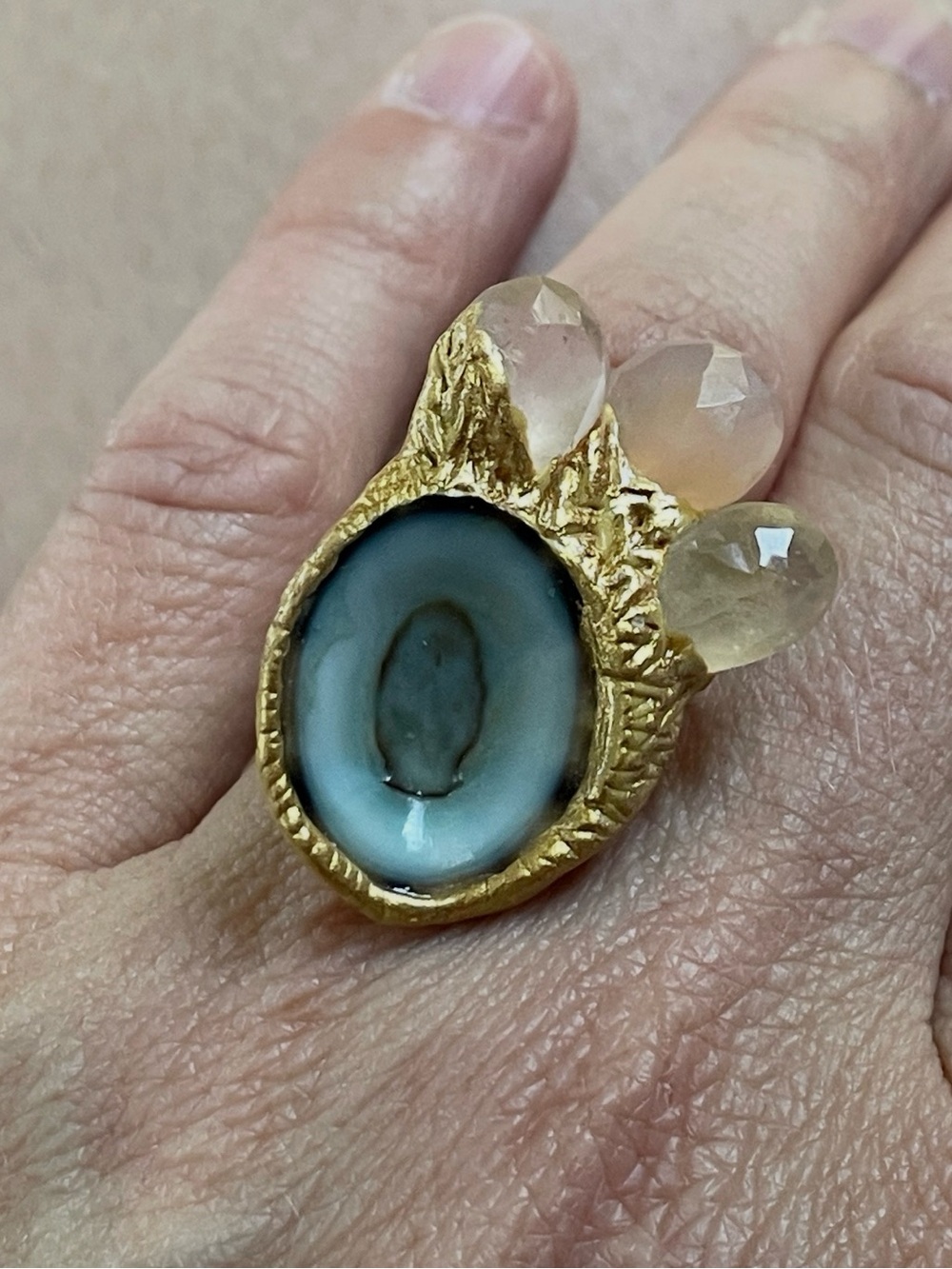 Source Unknown Gold-Tone Blue Agate Ring with Champagne Crystal Accents